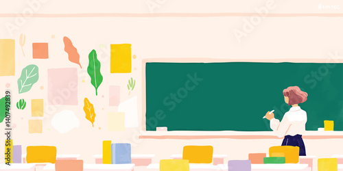 A young female teacher with pink hair is facing a chalkboard in a classroom. Her back is to the viewer, and she's writing on the chalkboard with a white marker.