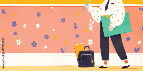 A modern person walks toward destination, and carries work case and book. this design use digital illustrations and bright colors.