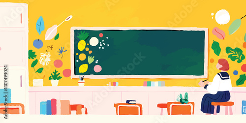 A student attentively studies in a brightly lit classroom, surrounded by vibrant, colorful illustrations of various types of foods.