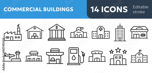 Commercial building icons representing various structures 