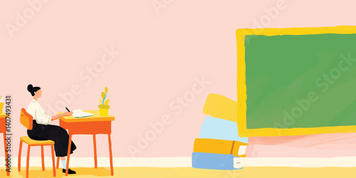 An illustration depicts a studious teacher diligently working at her desk in a classroom setting, books and a chalkboard indicating an educational environment.