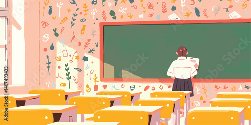 In a sun-drenched classroom, a student stands before a chalkboard, immersed in learning, with the focus on academic pursuits, knowledge and education.