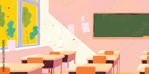 An inviting classroom, bathed in soft sunlight, hints at the promise of knowledge and the warmth of learning within its walls.
