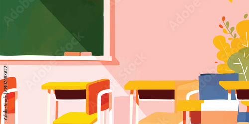An empty classroom is viewed through a vibrant illustration, creating a mood of tranquility. Desks, chairs, and a blackboard stand ready for learning and knowledge to be shared.