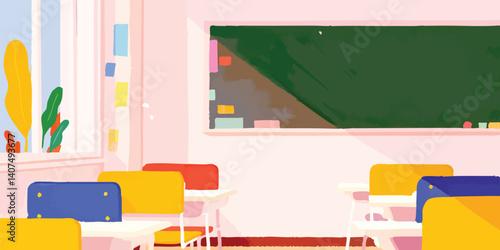 A colorful illustration of a classroom with desks, a window, and a chalkboard evokes a sense of anticipation and learning, ideal for educational resources or presentations.