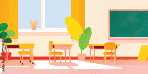 Bright and cheerful classroom illustration, featuring desks, chairs, chalkboard, plants, and a sunny window.  Perfect for education-themed projects.