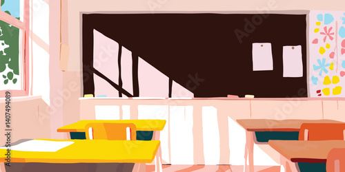 A vibrant classroom scene bathed in warm sunlight. Capturing a cozy atmosphere and evoking a sense of learning.