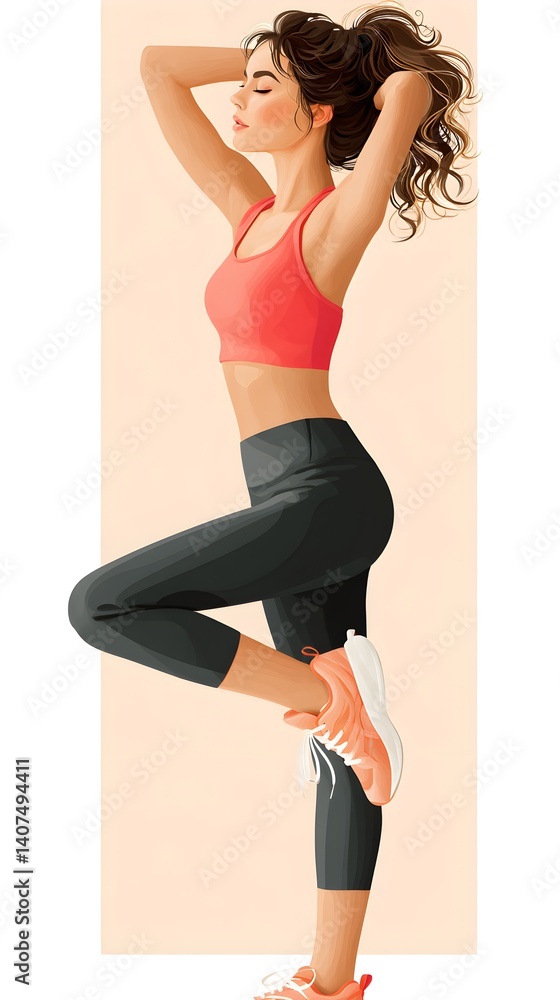 A stylized illustration of a fit woman performing a stretching exercise, highlighting flexibility, wellness, and an active, health-conscious lifestyle.