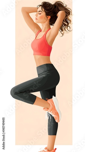 Obraz na płótnie A stylized illustration of a fit woman performing a stretching exercise, highlighting flexibility, wellness, and an active, health-conscious lifestyle. w salonie