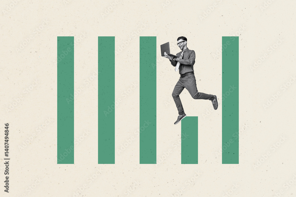 Banner template collage of person stand in column graphs over pastel background Banner template collage of person stand in column graphs over pastel background