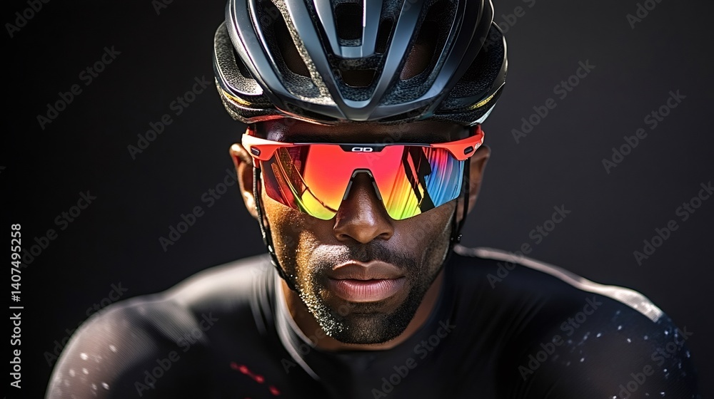 Close-up portrait of a determined male cyclist wearing a helmet and reflective sunglasses, showcasing a blend of athleticism and style against a dark background