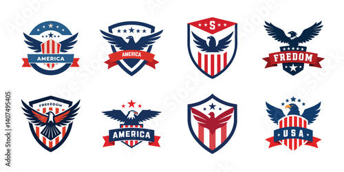 American eagle shield set, USA banner vector illustration collection for 4th of July
