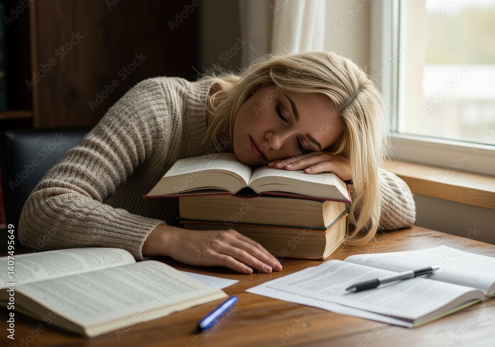 Student studying at desk with books and papers, looking tired and overwhelmed in calm room