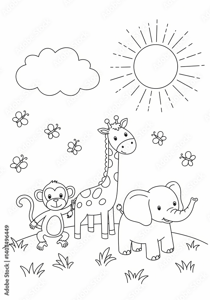 Obraz premium A cheerful scene of an elephant, monkey and giraffe, basking under a shining sun, surrounded by delightful clouds and butterflies. This illustration is perfect for children and nature lovers.