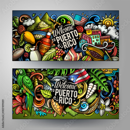 Cartoon colorful vector doodle Puerto Rico banners