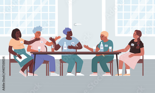 Students discussing their work together. Brainstorming at a common table in a classroom. Preparing for an event. Flat vector illustration.