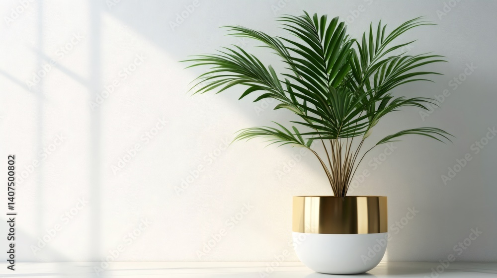 Parlour palm growing in modern pot with window light creating shadows on white wall Parlour palm growing in modern pot with window light creating shadows on white wall