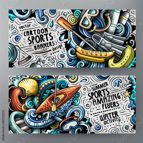 Cartoon vector doodle set of Water Sports banners templates