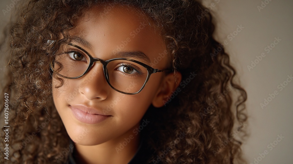 Fototapeta premium Smiling African American Girl with Glasses in Headshot Portrait