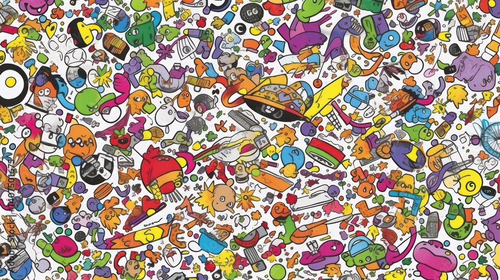Obraz premium Colorful Doodle Art Background with Cartoon Characters and Object Clipart