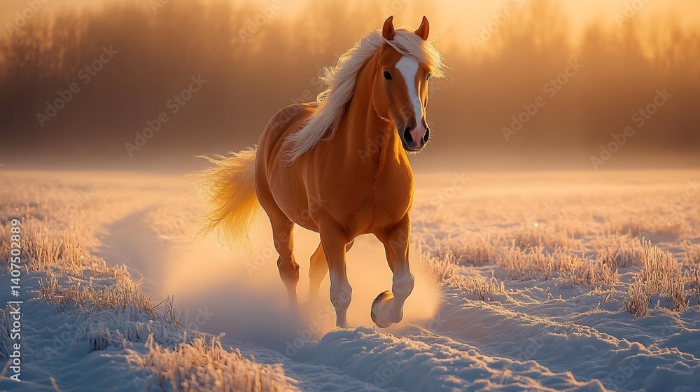 Palomino horse galloping in snowy field at sunset