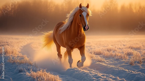 Obraz na płótnie Palomino horse galloping in snowy field at sunset w salonie