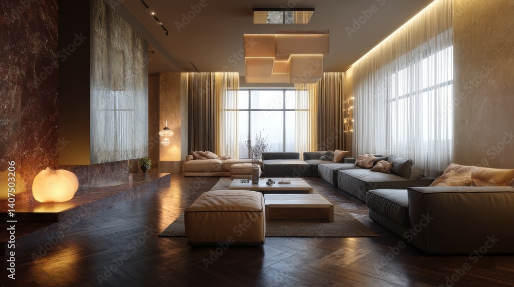 Naklejka premium Luxury living room with modern sectional sofa and warm lighting.