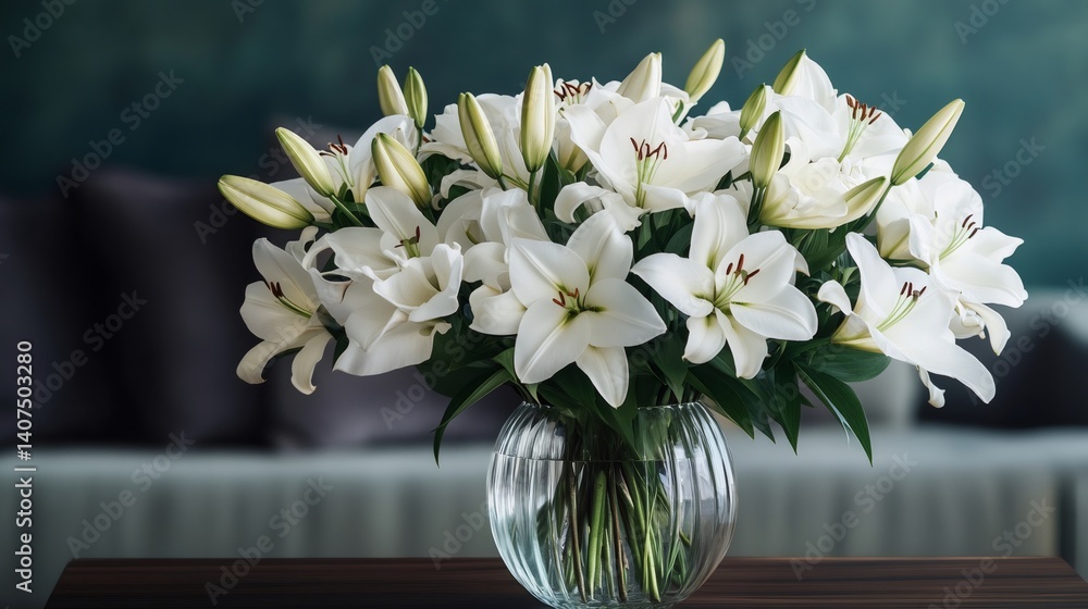 Bouquet of white lilies blooming in a glass vase on a table