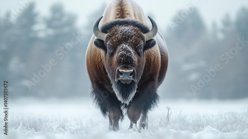 European bison walking in snowy field during winter