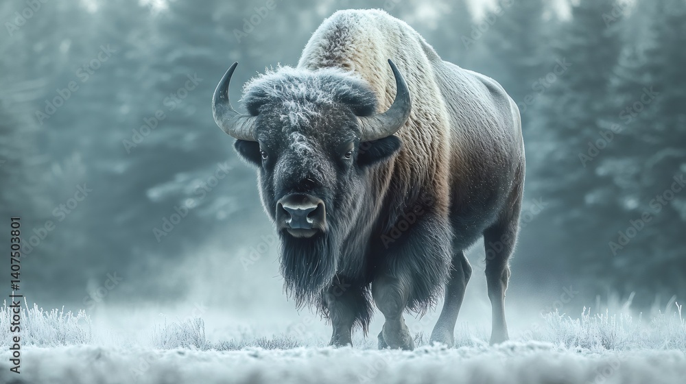 European bison walking on frozen grass in winter forest