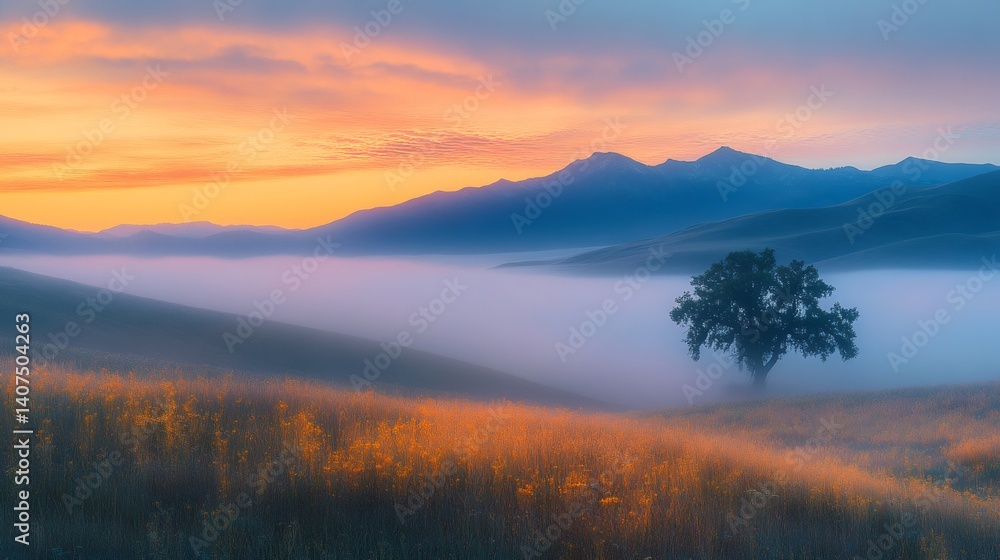 Lonely tree emerging from fog in a golden meadow at sunrise with mountains in the background