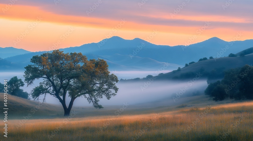 Lone tree standing in misty valley at sunrise with rolling hills