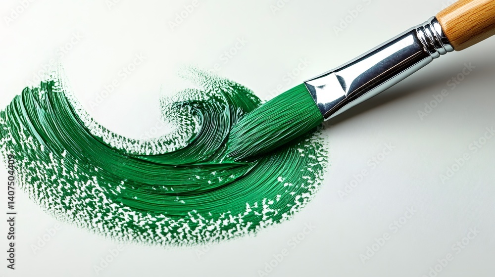 Paintbrush painting green swirl on white canvas