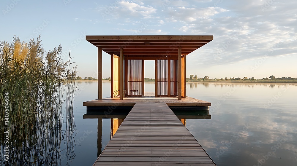 Tranquil Modern Cabin on Serene Lakeside with Reflections at Sunset Tranquil Modern Cabin on Serene Lakeside with Reflections at Sunset