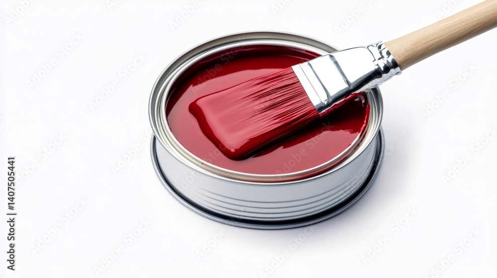 Paint brush dipped in red paint can on white background