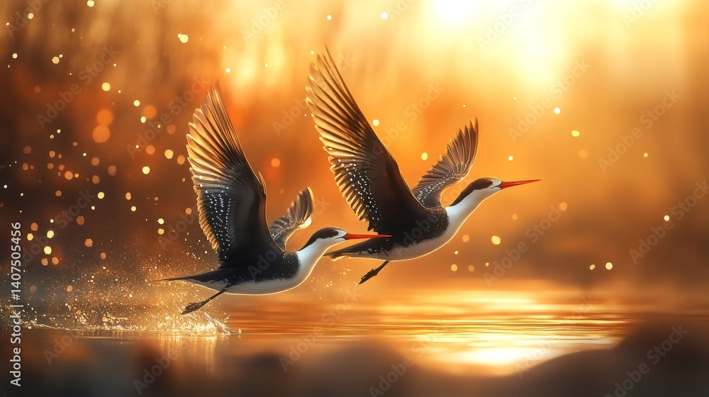 Two inca terns flying over water at sunset