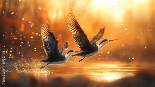 Obraz na płótnie Two inca terns flying over water at sunset w salonie
