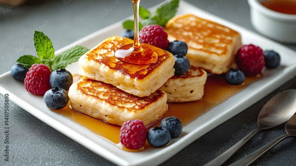 Delicious pancakes with maple syrup and fresh berries for breakfast
