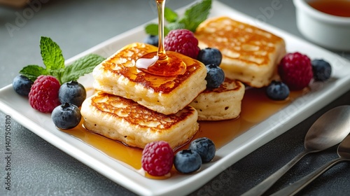 Delicious pancakes with maple syrup and fresh berries for breakfast