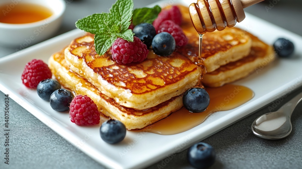 Delicious pancakes with honey, berries and mint being served for breakfast