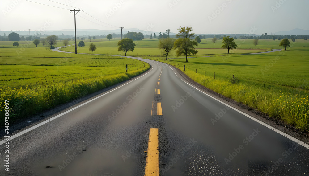 Fototapeta premium Asphalt Road Winding Through Lush Green Fields Scenic Countryside