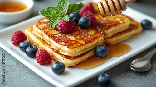 Obraz na płótnie Delicious pancakes with honey, berries and mint being served for breakfast w salonie