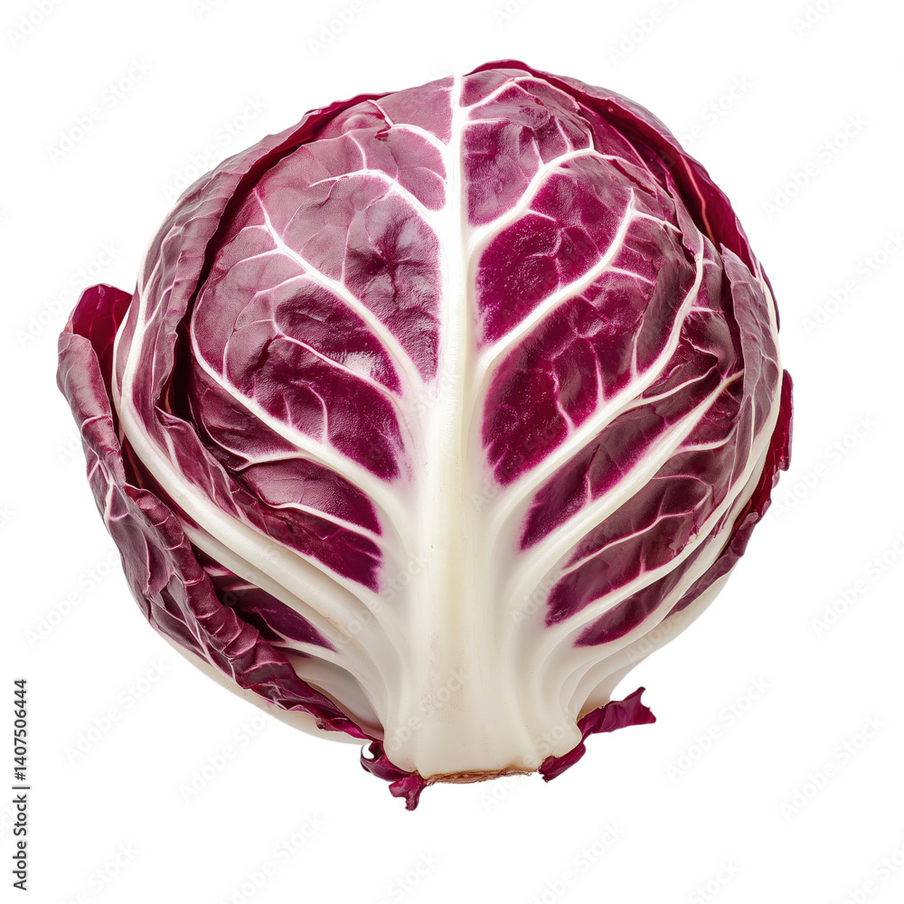 Obraz premium Whole fresh radicchio cabbage with deep purple leaves and white veins, isolated on transparent background for food or diet themes.