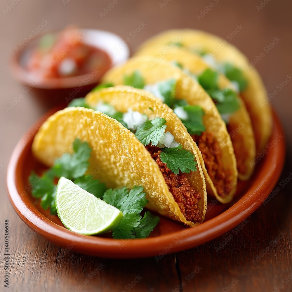 Spicy street tacos with colorful salsa, lime, and fresh cilantro on rustic plate