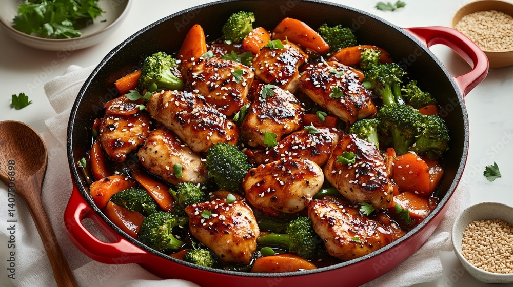 Sesame chicken with broccoli and carrots cooking in red pan