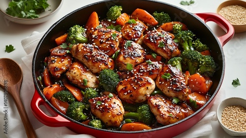 Obraz na płótnie Sesame chicken with broccoli and carrots cooking in red pan w salonie