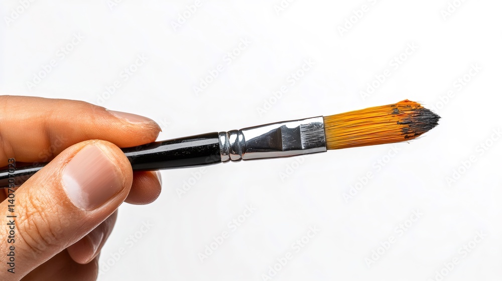 Hand holding paintbrush with orange bristles and black handle