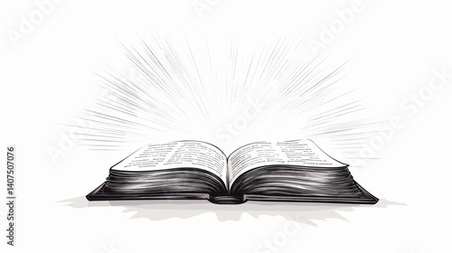Monochrome sketch of open Bible with radiant light, vector illustration with engraved lines, concept of truth and guidance