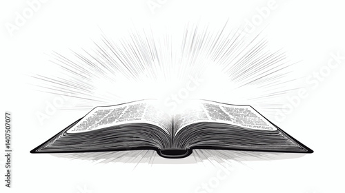 Monochrome sketch of open Bible with radiant light, vector illustration with engraved lines, concept of truth and guidance