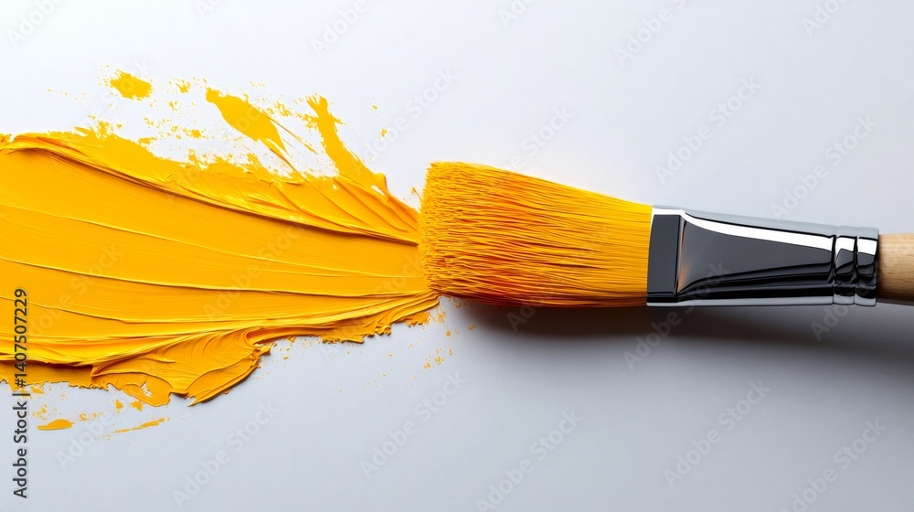 Paintbrush painting yellow stroke on white background